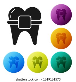 Black Teeth with braces icon isolated on white background. Alignment of bite of teeth, dental row with with braces. Dental concept. Set icons colorful circle buttons. Vector Illustration