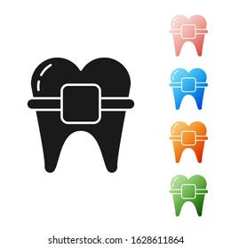 Black Teeth with braces icon isolated on white background. Alignment of bite of teeth, dental row with with braces. Dental concept. Set icons colorful. Vector Illustration