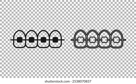 Dientes negros con el icono de los tirantes aislado en fondo transparente. Alineación de mordida de dientes, fila dental con brackets. Concepto dental.  Vector