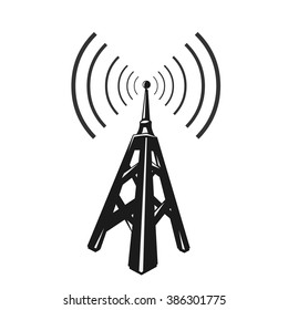 Black telecommunications signal transmitter. 
Vector illustration icon of a radio tower silhouette.
Telecommunications and broadcasting industry concept icon.