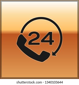 Black Telephone 24 hours support icon isolated on gold background. All-day customer support call-center. Full time call services. Vector Illustration