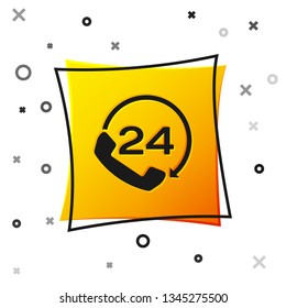 Black Telephone 24 hours support icon isolated on white background. All-day customer support call-center. Full time call services. Yellow square button. Vector Illustration