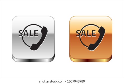 Black Telephone 24 hours support icon isolated on white background. All-day customer support call-center. Full time call services. Silver-gold square button. Vector Illustration