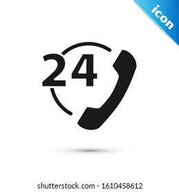 Black Telephone 24 hours support icon isolated on white background. All-day customer support call-center. Full time call services.  Vector Illustration