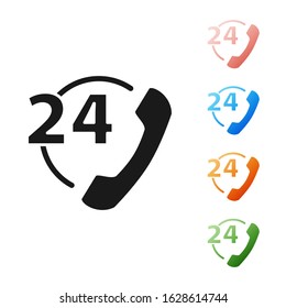 Black Telephone 24 hours support icon isolated on white background. All-day customer support call-center. Full time call services. Set icons colorful. Vector Illustration