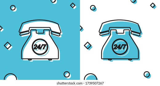 Black Telephone 24 hours support icon isolated on blue and white background. All-day customer support call-center. Open 24 hours a day and 7 days a week. Random dynamic shapes. Vector Illustration