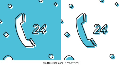 Icono de soporte de 24 horas del teléfono negro aislado en fondo azul y blanco. Centro de atención al cliente durante todo el día. Formas dinámicas aleatorias. Ilustración vectorial