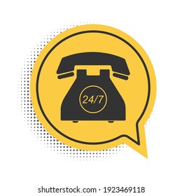 Black Telephone 24 hours support icon isolated on white background. All-day customer support call-center. Open 24 hours a day and 7 days a week. Yellow speech bubble symbol. Vector