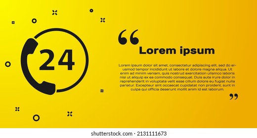 Black Telephone 24 hours support icon isolated on yellow background. All-day customer support call-center. Full time call services.  Vector Illustration