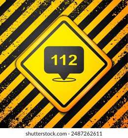 Black Telephone with emergency call 112 icon isolated on yellow background. Police, ambulance, fire department, call, phone. Warning sign. Vector