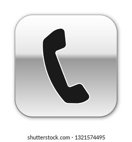 Black Telephone handset icon isolated on white background. Phone sign. Silver square button. Vector Illustration