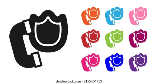 Black Telephone handset with security shield icon isolated on white background. Phone sign. Set icons colorful. Vector
