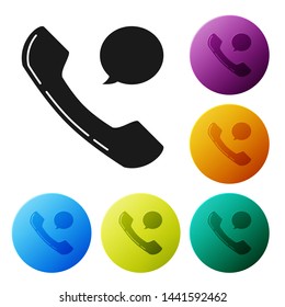 Black Telephone handset and speech bubble chat icon isolated on white background. Phone sign. Set icons colorful circle buttons. Vector Illustration