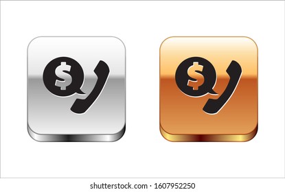 Black Telephone handset and speech bubble chat icon isolated on white background. Phone sign. Silver-gold square button. Vector Illustration