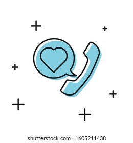 Black Telephone with heart emoji speech bubble get message on screen icon isolated on white background. Valentines day.  Vector Illustration