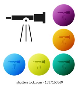 Black Telescope icon isolated on white background. Scientific tool. Education and astronomy element, spyglass and study stars. Set icons colorful circle buttons. Vector Illustration