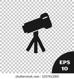 Black Telescope icon isolated on transparent background. Scientific tool. Education and astronomy element, spyglass and study stars.  Vector Illustration