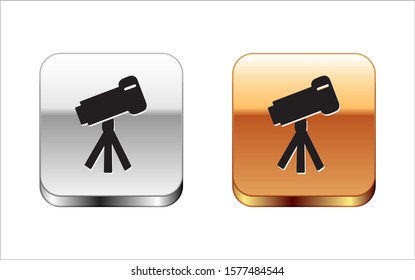 Black Telescope icon isolated on white background. Scientific tool. Education and astronomy element, spyglass and study stars. Silver-gold square button. Vector Illustration