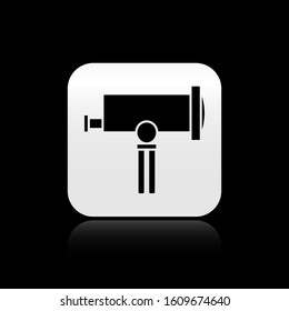 Black Telescope icon isolated on black background. Scientific tool. Education and astronomy element, spyglass and study stars. Silver square button. Vector Illustration