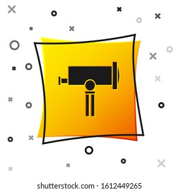 Black Telescope icon isolated on white background. Scientific tool. Education and astronomy element, spyglass and study stars. Yellow square button. Vector Illustration