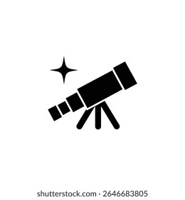 A black telescope icon is visible on a white background, accompanied by a star to the left. The telescope is a vector graphic and a simple illustration.