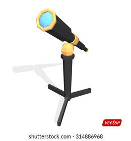 Black telescope isolated on white background. Low poly style. Vector illustration