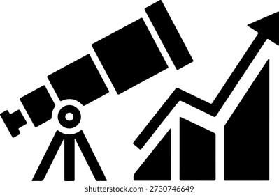 Telescópio preto em gráfico sobre fundo branco astronomia conceito de negócios, astronomia telescópio símbolo