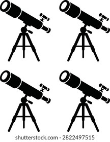 Black telescope on tripod for stargazing set of four views