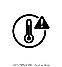 Black temperature warning icon featuring a thermometer and exclamation mark, symbolizing overheating alert, high temperature caution, or heat warning sign on a white background, ideal for user interface design and safety illustrations.