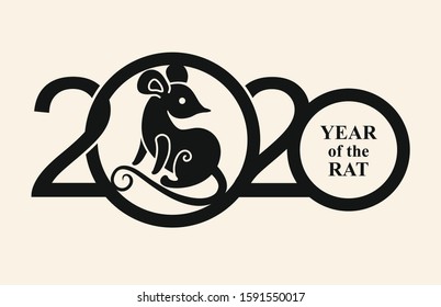 Black template 2020 with a cute cartoon rat. Chinese New Year of the Rat. Happy New Year. Wise Rat 2020. New Year on the Chinese calendar.