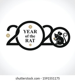 Black template 2020 with a cute rat with a coin. Chinese New Year of the Rat. Happy New Year. Wise Rat 2020. New Year on the Chinese calendar.