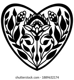 black template of heart drawn with abstract flowers in folk style on a white background, vector drawing