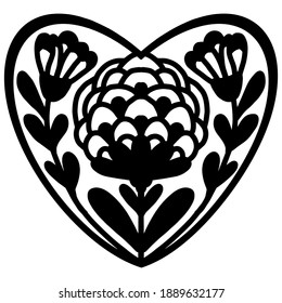black template of heart drawn with abstract flowers and leaves in folk style on a white background, vector drawing