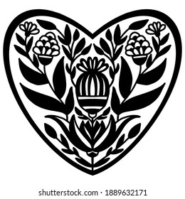 black template of heart drawn with flowers and ornaments in folk style on a white background, vector drawing