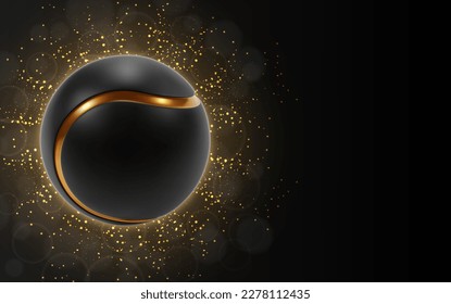 Black tennis ball with a golden line on glowing black background. EPS10 vector