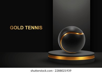 Black tennis ball with a golden line on the podium. EPS10 vector