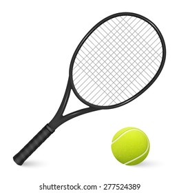 Black tennis racket and ball isolated on white background. Vector EPS10 illustration. 