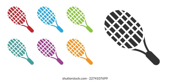 Black Tennis racket icon isolated on white background. Sport equipment. Set icons colorful. Vector Illustration