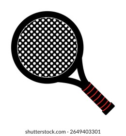 Black Tennis Racket Icon with Red Handle Grip Vector Illustration. A stylized vector illustration of a black tennis racket viewed from the front.