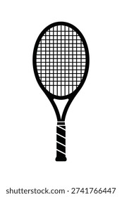 Black tennis racket vector icon. Sport equipment for playing tennis, isolated on a white background, with strings.