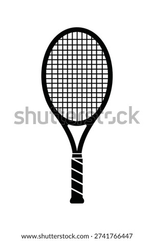 Black tennis racket vector icon. Sport equipment for playing tennis, isolated on a white background, with strings.