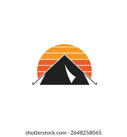 A black tent silhouette is centered against a stylized orange sunset on a white background The image is simple and minimalist in style