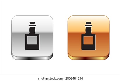 Black Tequila bottle icon isolated on white background. Mexican alcohol drink. Silver and gold square buttons. Vector
