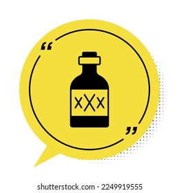 Black Tequila bottle icon isolated on white background. Mexican alcohol drink. Yellow speech bubble symbol. Vector