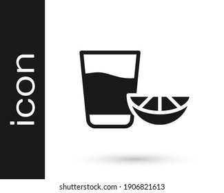 Black Tequila glass with lemon icon isolated on white background. Mexican alcohol drink.  Vector
