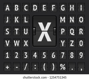 Black terminal mechanical scoreboard alphabet with numbers to display destination and departure vector illustration. Airport flip board regular font showing flight arrival information and timetable