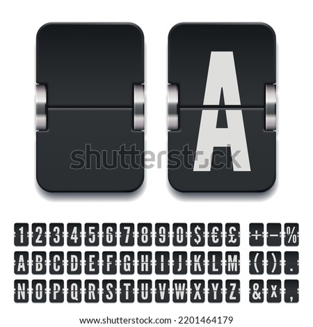 Black terminal mechanical scoreboard font with numbers to display destination or timetable vector illustration. Airport flip board bold alphabet for showing flight departure or arrival information.