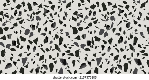Black terrazzo flooring seamless pattern with monochrome marble rocks. Realistic interior material background of mosaic stone. Trendy fashion print wallpaper for textile project or web backdrop.