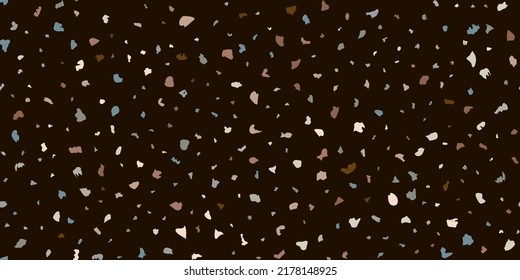 Black terrazzo flooring seamless texture with pieces of granite, quartz, glass and stone. Marble floor pattern. Classic paving design. Abstract wall background. Retro venetian stone material
