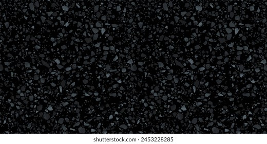 Black terrazzo flooring seamless texture. Realistic vector pattern of dark mosaic floor with natural stones, granite, marble, quartz, concrete. Classic Italian floor. Repeated design for print, render